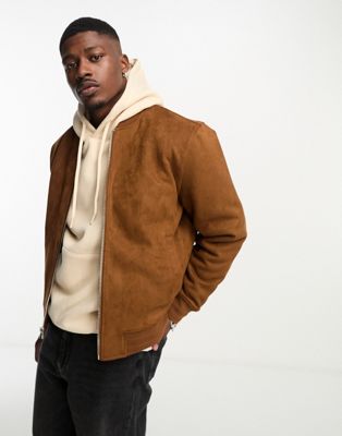 Abercrombie & Fitch faux suede bomber jacket in brown - ASOS Price Checker