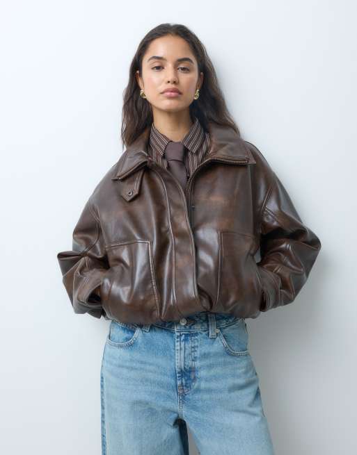 Abercrombie & Fitch bomber jacket con collo alto in marrone slavato, 3 di 5