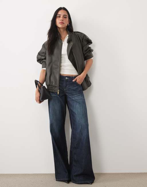 Abercrombie & Fitch bomber oversize in pelle sintetica kaki, 3 di 4