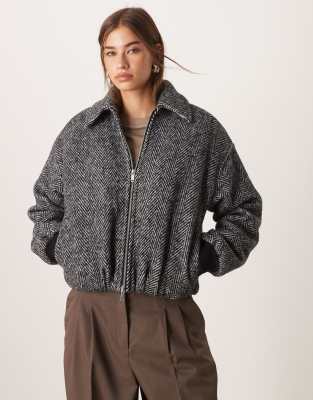 Abercrombie & Fitch - Bomberjacke in Grau, in Wolloptik mit Fischgrätmuster und Ballonsaum