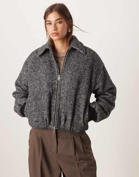 Abercrombie & Fitch – Bomberjacke in Grau, in Wolloptik mit Fischgrätmuster und Ballonsaum - view 1