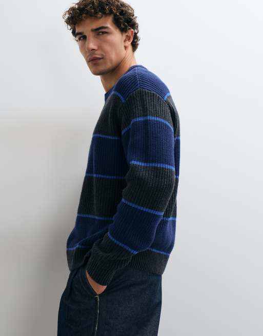 Abercrombie & Fitch bomuldsstriktrøje med rund hals i grå og blå stribe, 4 af 5