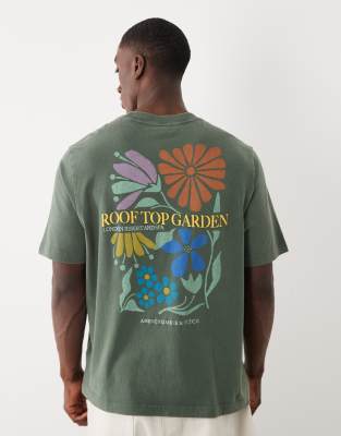 botanical back graphic T-shirt in dark green