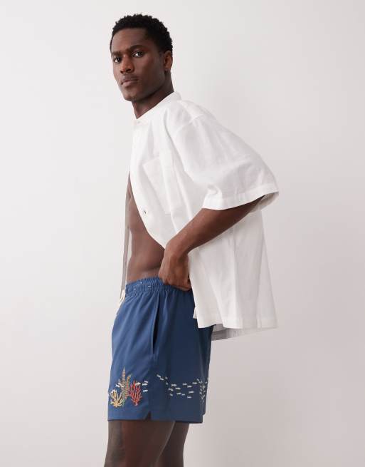 Abercrombie & Fitch - Boxer da bagno blu navy da 5" con corallo ricamato, 3 di 5