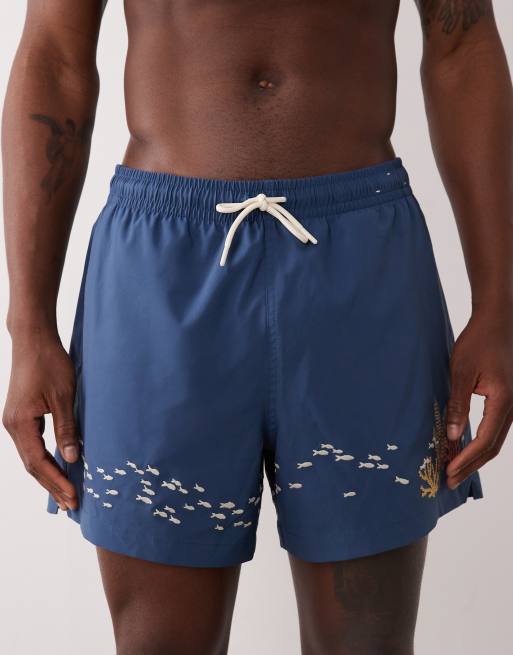 Abercrombie & Fitch - Boxer da bagno blu navy da 5" con corallo ricamato, 4 di 5