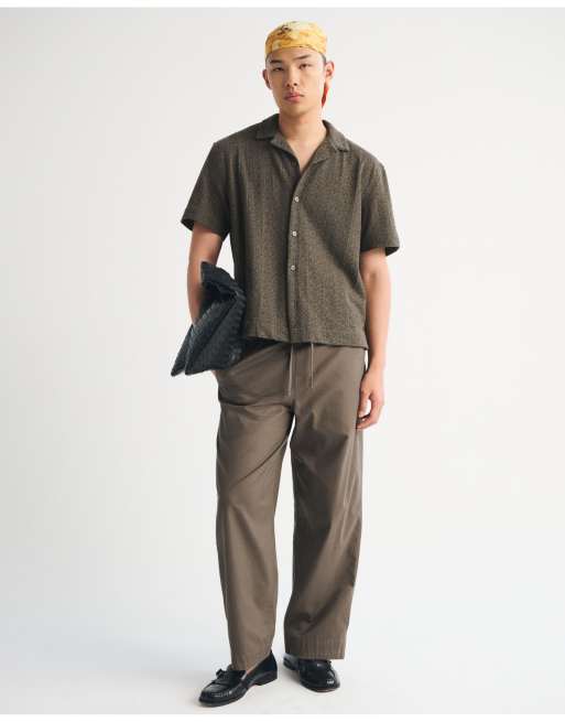 Abercrombie & Fitch Boxy button-up lace shirt in brown green, 3 of 4