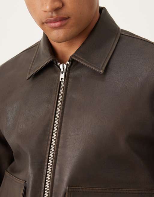 Abercrombie & Fitch boxy cropped faux leather jacket in brown | ASOS