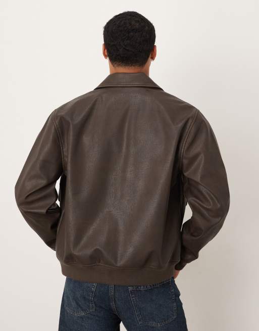 Abercrombie & Fitch boxy cropped vegan leather jacket in brown, 3 of 5