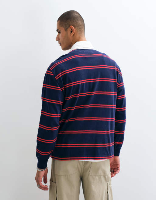 Abercrombie & Fitch boxy rugby polo top in navy and red stripe, 3 of 5