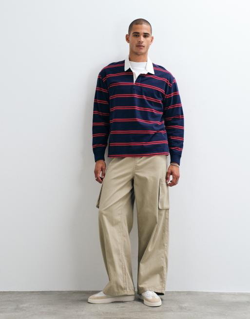Abercrombie & Fitch boxy rugby polo top in navy and red stripe, 4 of 5