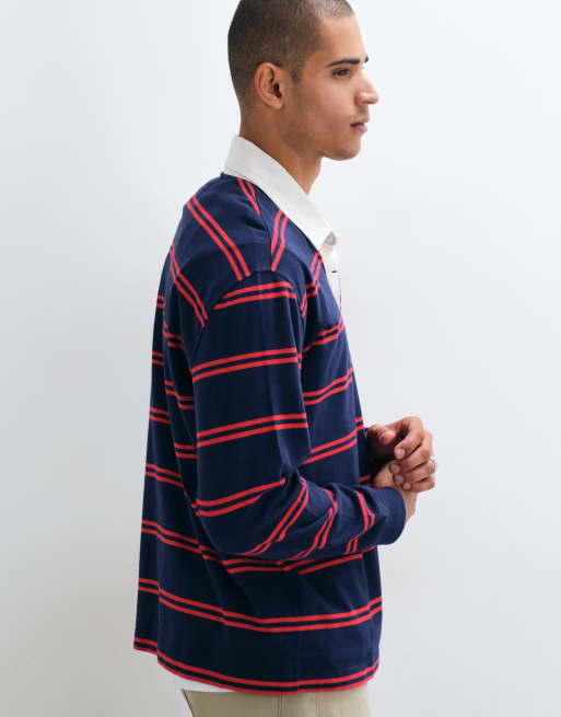 Abercrombie & Fitch boxy rugby polo top in navy and red stripe, 5 of 5
