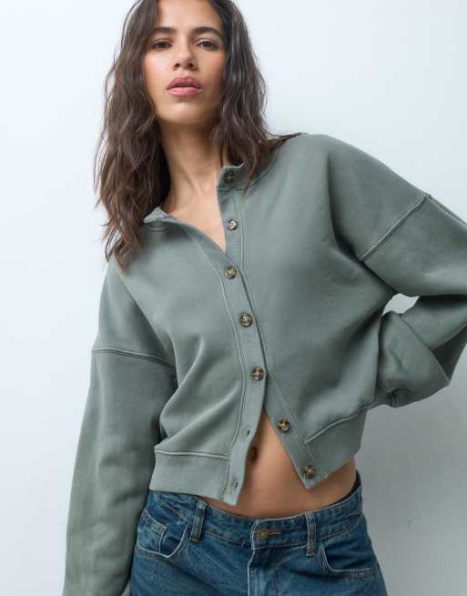 Abercrombie & Fitch boxy sweat cardigan in khaki, 2 of 5