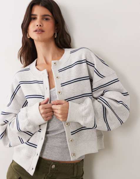 Abercrombie & Fitch boxy sweatshirt cardigan in grey and navy stripe - view 1