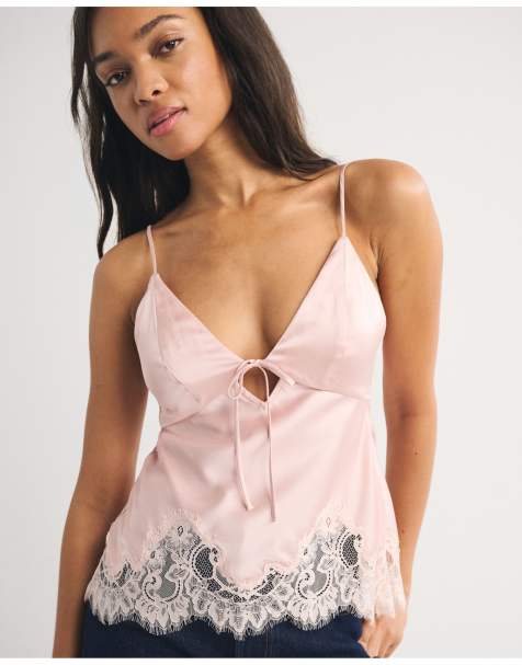 Abercrombie & Fitch Bra-free bella lace-trim satin cami in muted pink - view 1