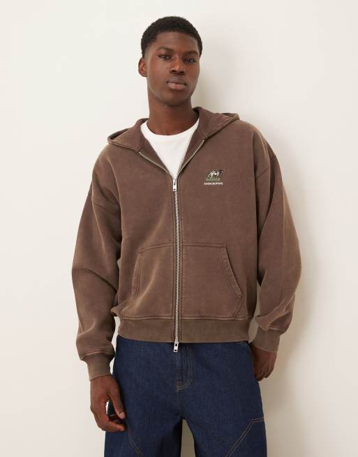 Abercrombie & Fitch – Brązowa bluza z kapturem z zapięciem na zamek i logo na piersi