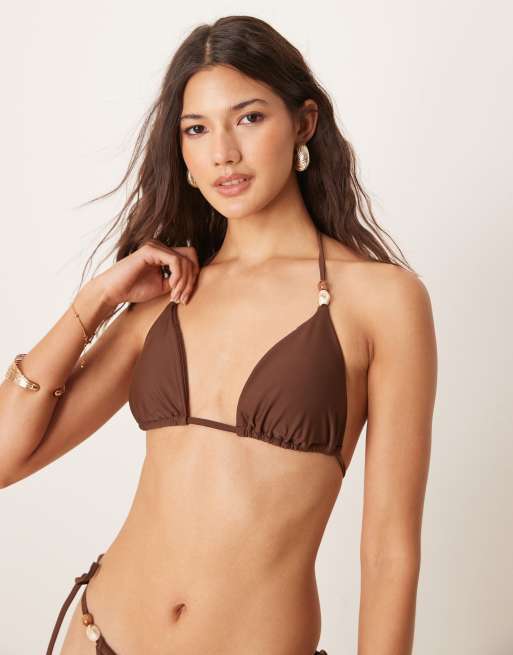 Abercrombie & Fitch – Brązowa góra od bikini z trójkątnymi miseczkami z koralikami, część zestawu