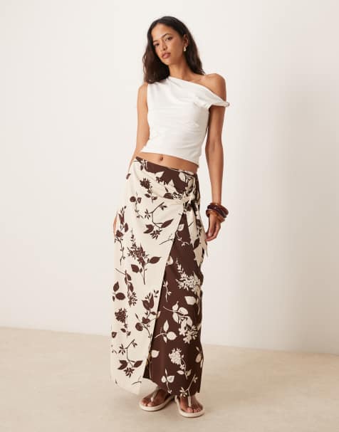 Abercrombie & Fitch wrap knot detail maxi skirt in brown floral print