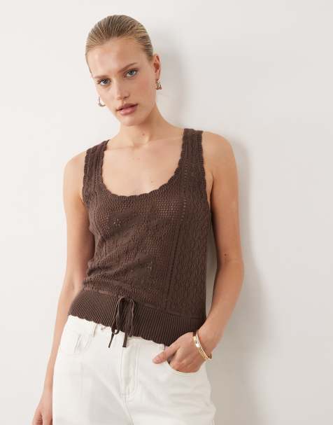 Abercrombie & Fitch – Brązowy szydełkowany top zbierany w talii - view 1