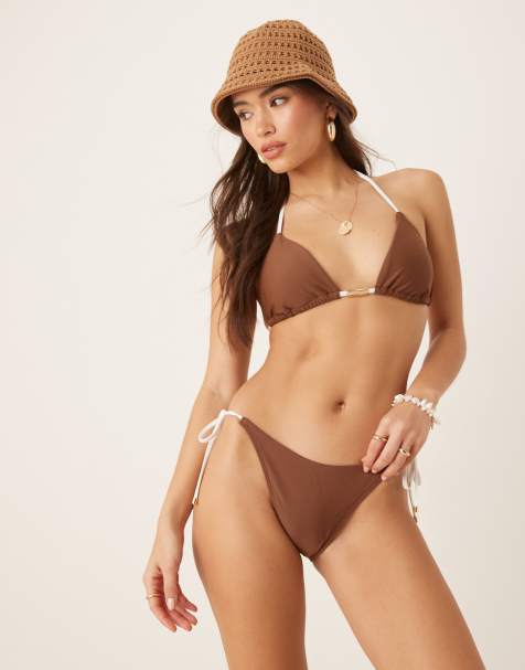Abercrombie & Fitch swimwear tie side cheeky bikini bottom co-ord in brown