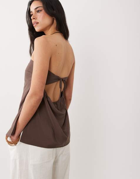 Abercrombie & Fitch – Brązowy wzorzysty top o wydłużonym fasonie z dekoltem bandeau - view 1