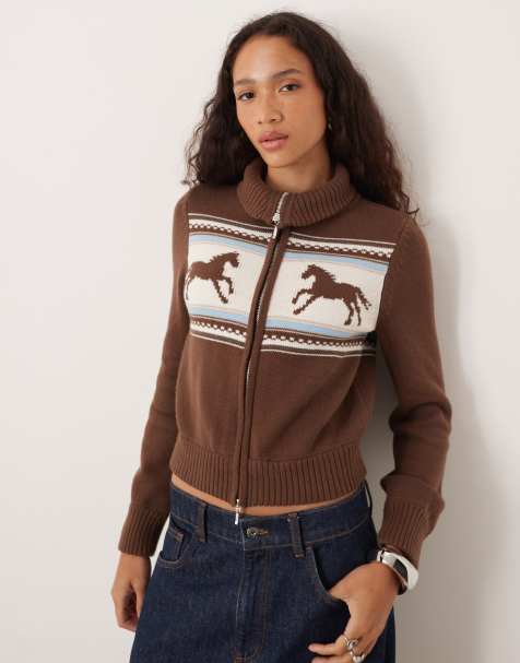 Abercrombie & Fitch double zip foldover collar horse graphic cardigan in brown