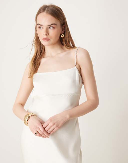 Abercrombie & Fitch bridal pearl strap slip maxi dress in white | ASOS
