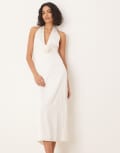 [Abercrombie & Fitch] Abercrombie & Fitch bridal plunge rosette column halter maxi dress in white S WHITE