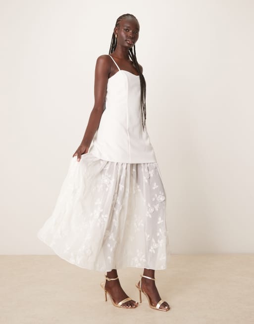 Abercrombie & Fitch bridal sheer skirt applique lace maxi dress in off white