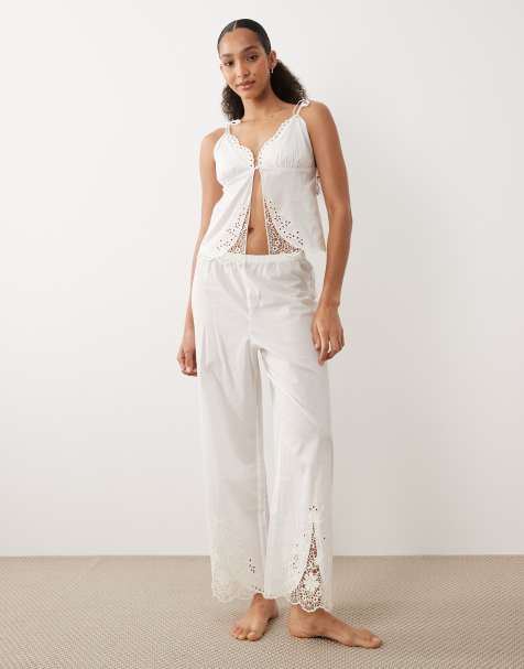 Abercrombie & Fitch - Bruidskleding - Pyjamabroek met wijde pijpen in wit, deel van co-ord set - view 1