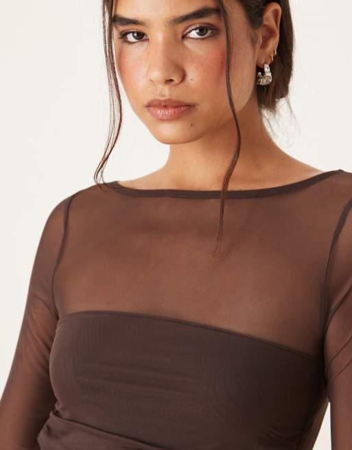 Abercrombie & Fitch - Brun langærmet bodystocking i mesh uden BH, 3 af 4