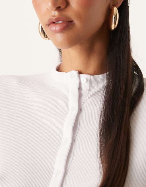 Abercrombie & Fitch button detail long sleeve top in white, 3 of 4