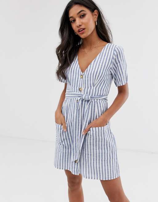 Short Sleeve Dresses for Women with Pockets Striped Vneck Tie