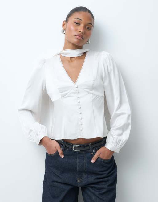 Abercrombie & Fitch button front blouse with scarf detail in cream ...