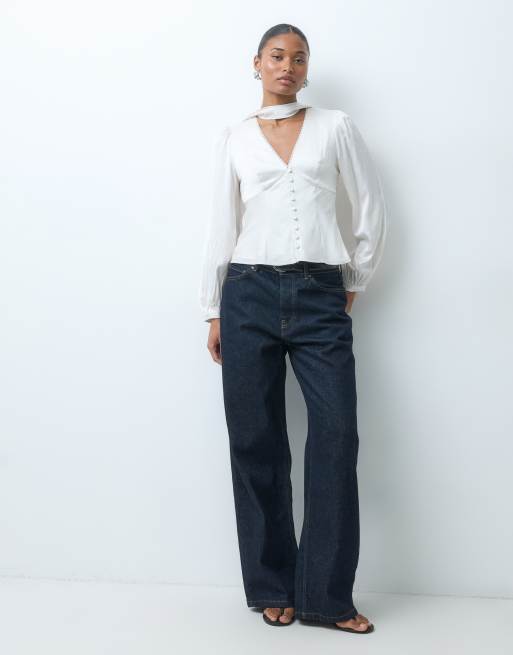 Abercrombie & Fitch button front blouse with scarf detail in cream jacquard, 3 of 5