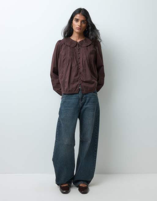 Abercrombie & Fitch button front cinched blouse with peter pan collar detail in brown, 4 of 5