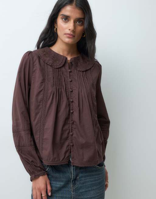 Abercrombie & Fitch button front cinched blouse with peter pan collar detail in brown, 5 of 5