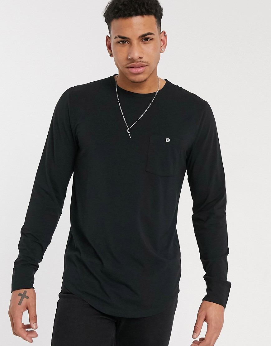Abercrombie & Fitch button pocket crew neck long sleeve top in black