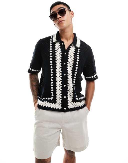 Abercrombie & Fitch button through border stripe crochet knit polo in black