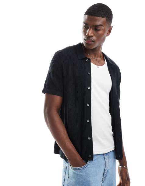 Abercrombie & Fitch button through crochet knit polo in black - view 1