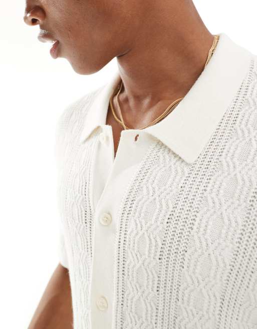 Abercrombie & Fitch button through crochet knit polo in white, 4 of 5