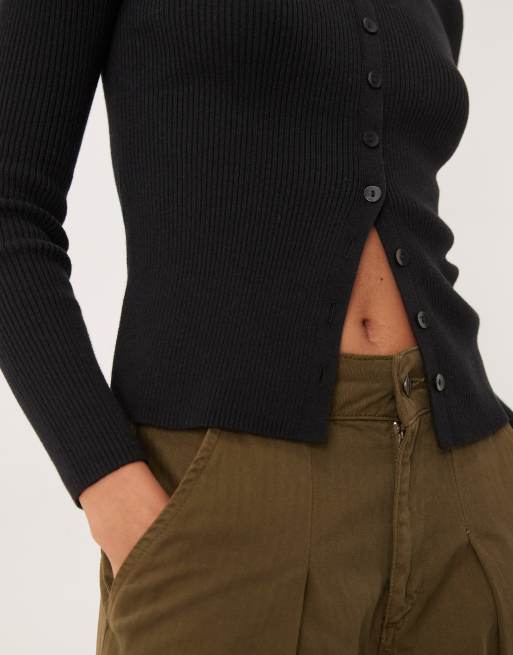 Abercrombie & Fitch button through off shoulder top in black, 3 of 4