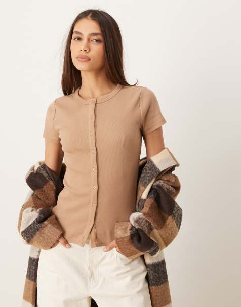Abercrombie & Fitch button through ribbed top in brown - view 1
