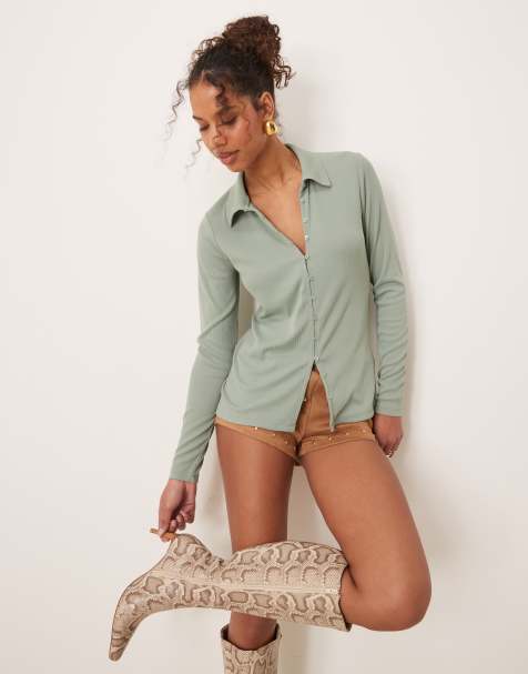 Abercrombie & Fitch button through top with collar in green - view 1