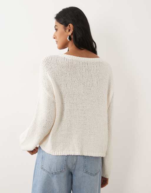 Abercrombie & Fitch button up lightweight knit micro cardigan in cream, 4 of 4