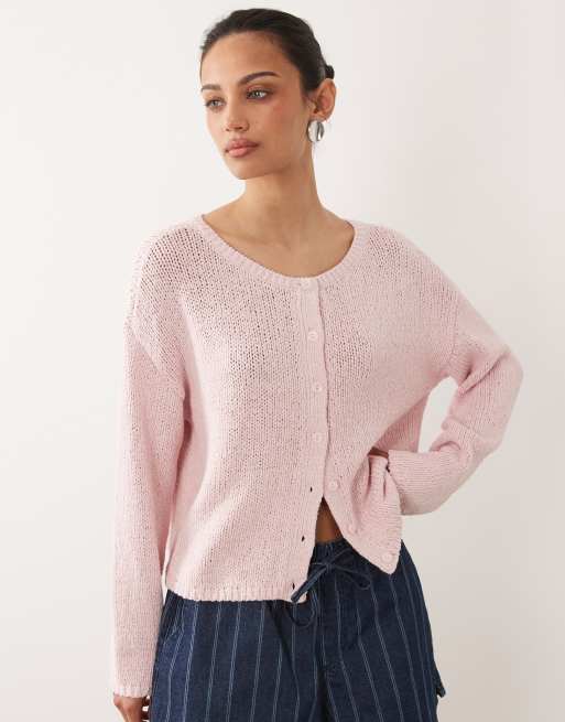 Abercrombie & Fitch button up lightweight knit micro cardigan in pink, 2 of 4