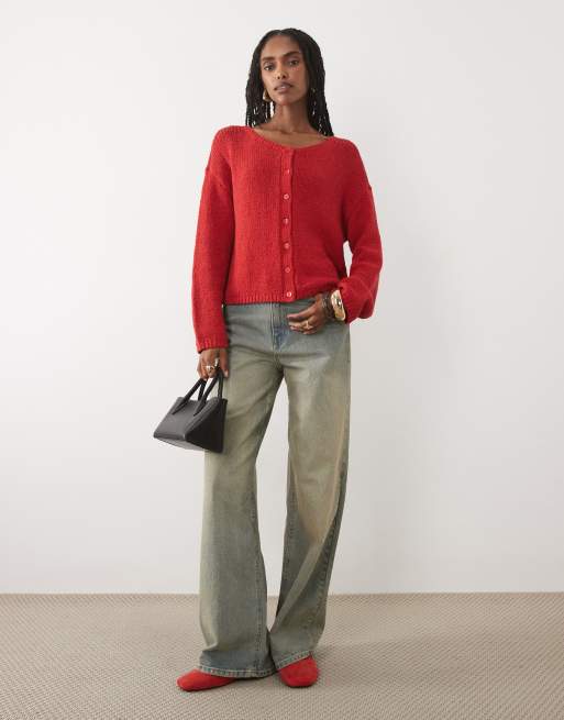 Abercrombie & Fitch button up lightweight knit micro cardigan in red, 2 of 4