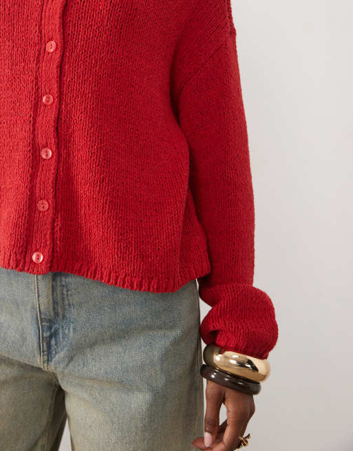 Abercrombie & Fitch button up lightweight knit micro cardigan in red, 3 of 4
