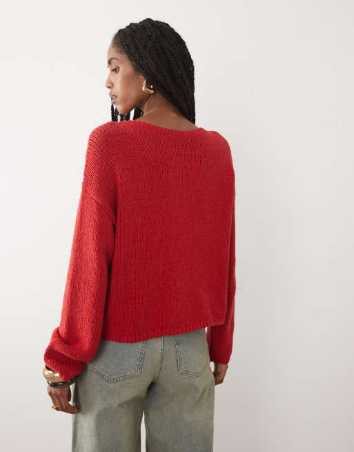 Abercrombie & Fitch button up lightweight knit micro cardigan in red, 4 of 4