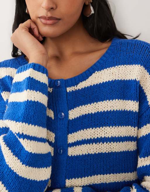 Abercrombie & Fitch button up lightweight knit micro cardigan in white and blue stripe, 2 of 4