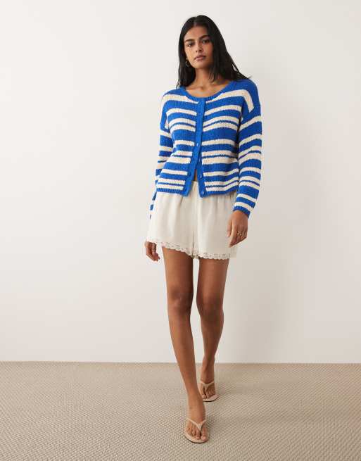 Abercrombie & Fitch button up lightweight knit micro cardigan in white and blue stripe, 3 of 4